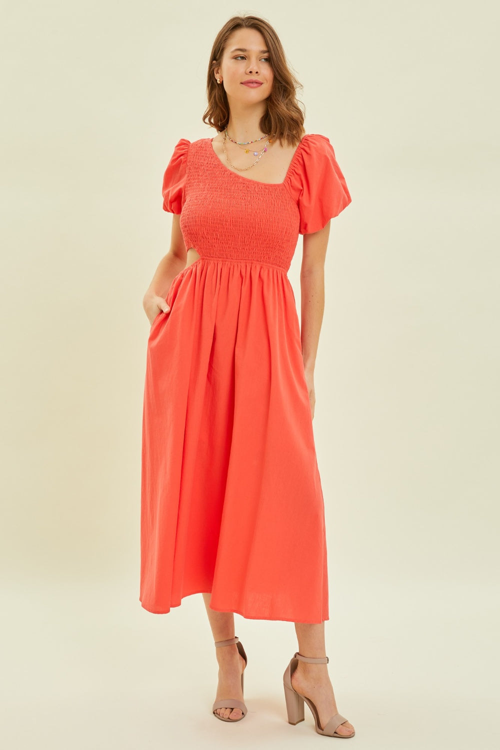 HEYSON Smocked Cutout Midi Dress Trendsi