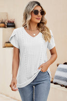 Eyelet V-Neck Petal Sleeve T-Shirt Trendsi