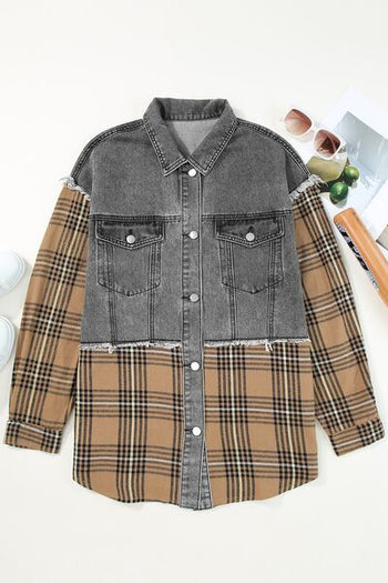 Plaid Raw Hem Button Up Denim Jacket Trendsi