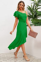 Ruffled Asymmetrical Neck Flutter Sleeve Dress Trendsi