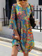 Paisley Print Round Neck Three-Quarter Sleeve Dress Trendsi