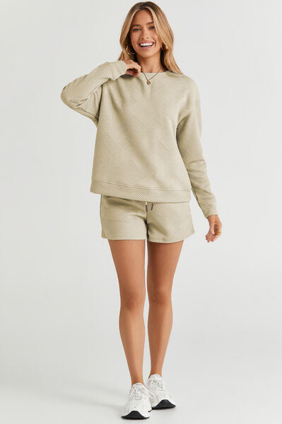 Double Take Full Size Texture Long Sleeve Top and Drawstring Shorts Set Trendsi