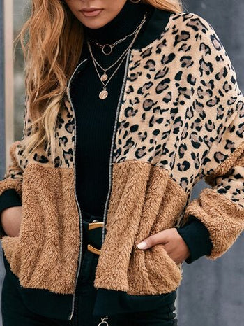 Leopard Zip Up Plush Jacket Trendsi