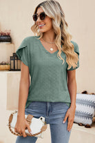 Eyelet V-Neck Petal Sleeve T-Shirt Trendsi