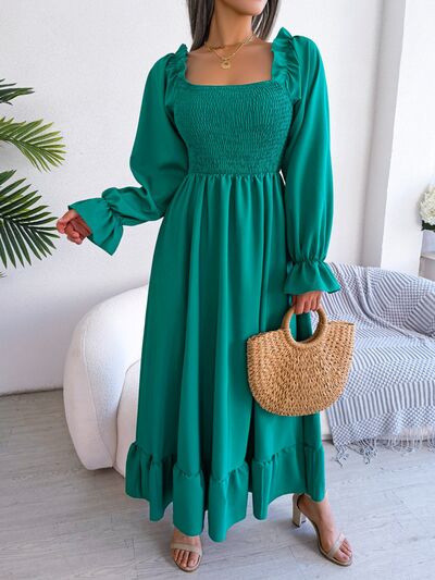 Smocked Square Neck Flounce Sleeve Dress Trendsi