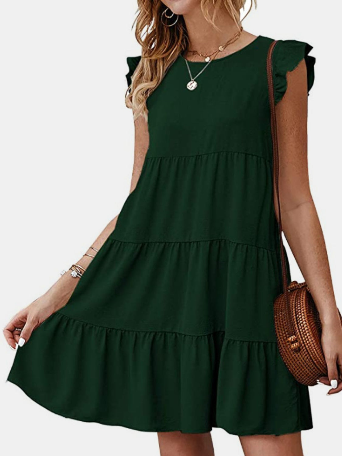 Ruffled Round Neck Cap Sleeve Mini Dress Trendsi