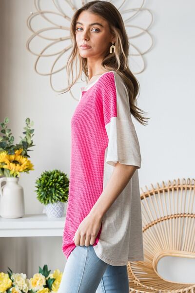Heimish Full Size Contrast Waffle-Knit Half Sleeve Blouse Trendsi