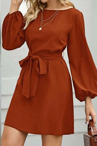 Tied Boat Neck Balloon Sleeve Mini Dress Trendsi