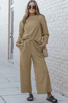 Double Take Full Size Textured Long Sleeve Top and Drawstring Pants Set Trendsi