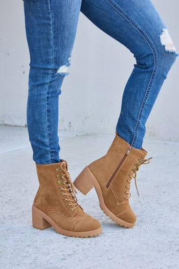 Forever Link Lace-Up Zipper Detail Block Heel Boots Trendsi