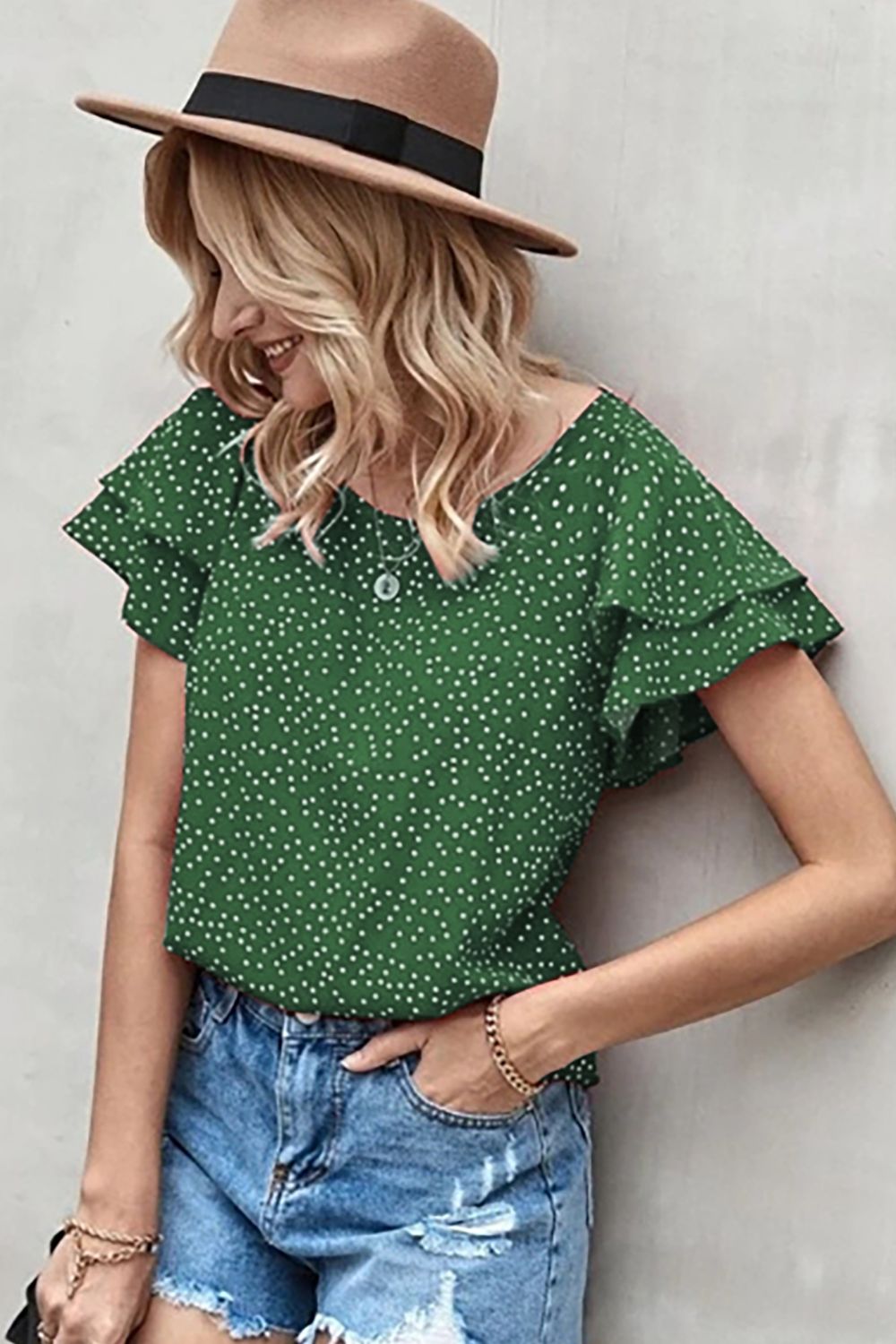 Ruffled Polka Dot Round Neck Short Sleeve Blouse Trendsi