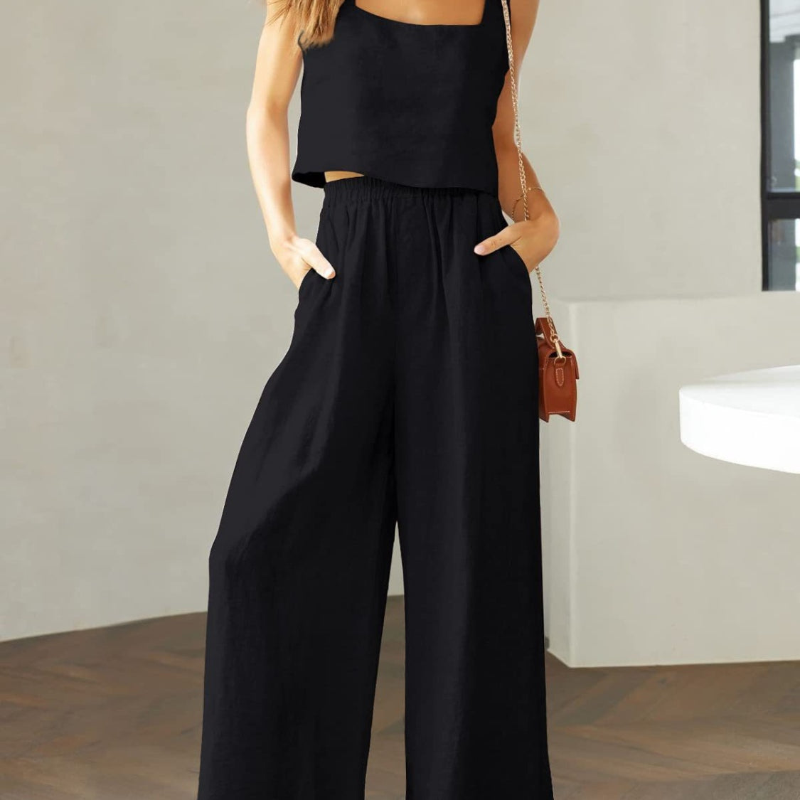 Square Neck Top and Wide Leg Pants Set Trendsi