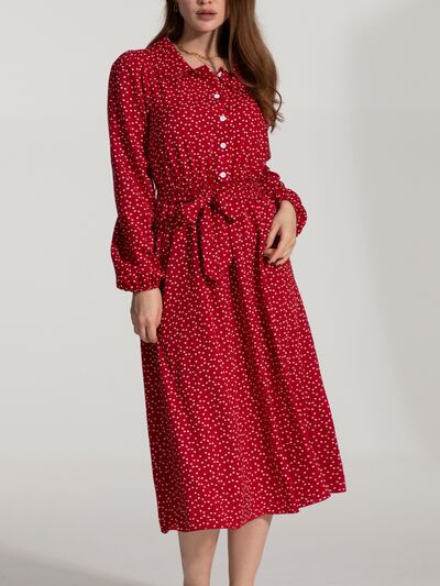 Tied Printed Button Up Balloon Sleeve Dress Trendsi