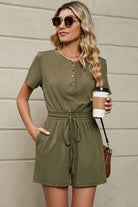 Drawstring Half Button Short Sleeve Romper Trendsi