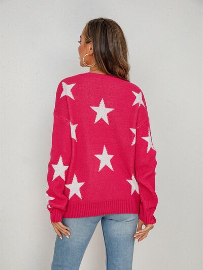 Star Round Neck Dropped Shoulder Sweater Trendsi