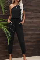 Drawstring Waist One-Shoulder Jumpsuit with Pockets Casual Chic Boutique