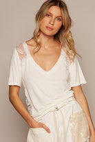 POL V-Neck Short Sleeve Lace Trim Top Trendsi