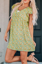 Ruffled Printed V-Neck Cap Sleeve Dress Trendsi