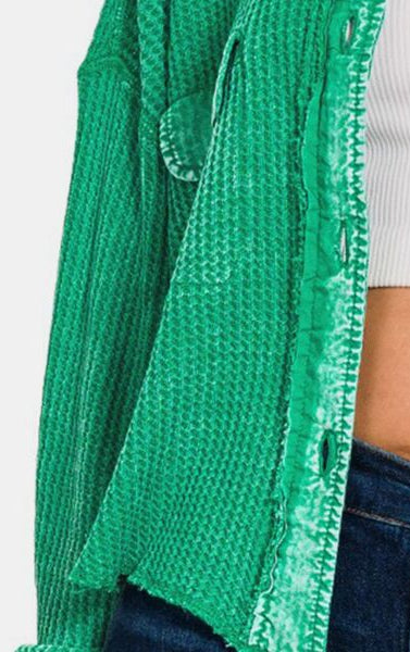 Zenana Waffle-Knit Button Up Dropped Shoulder Jacket Trendsi