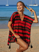 Tassel Openwork Striped V-Neck Cover Up Trendsi