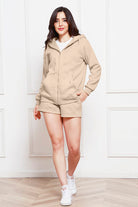 Zip Up Drawstring Hoodie and Shorts Set Trendsi