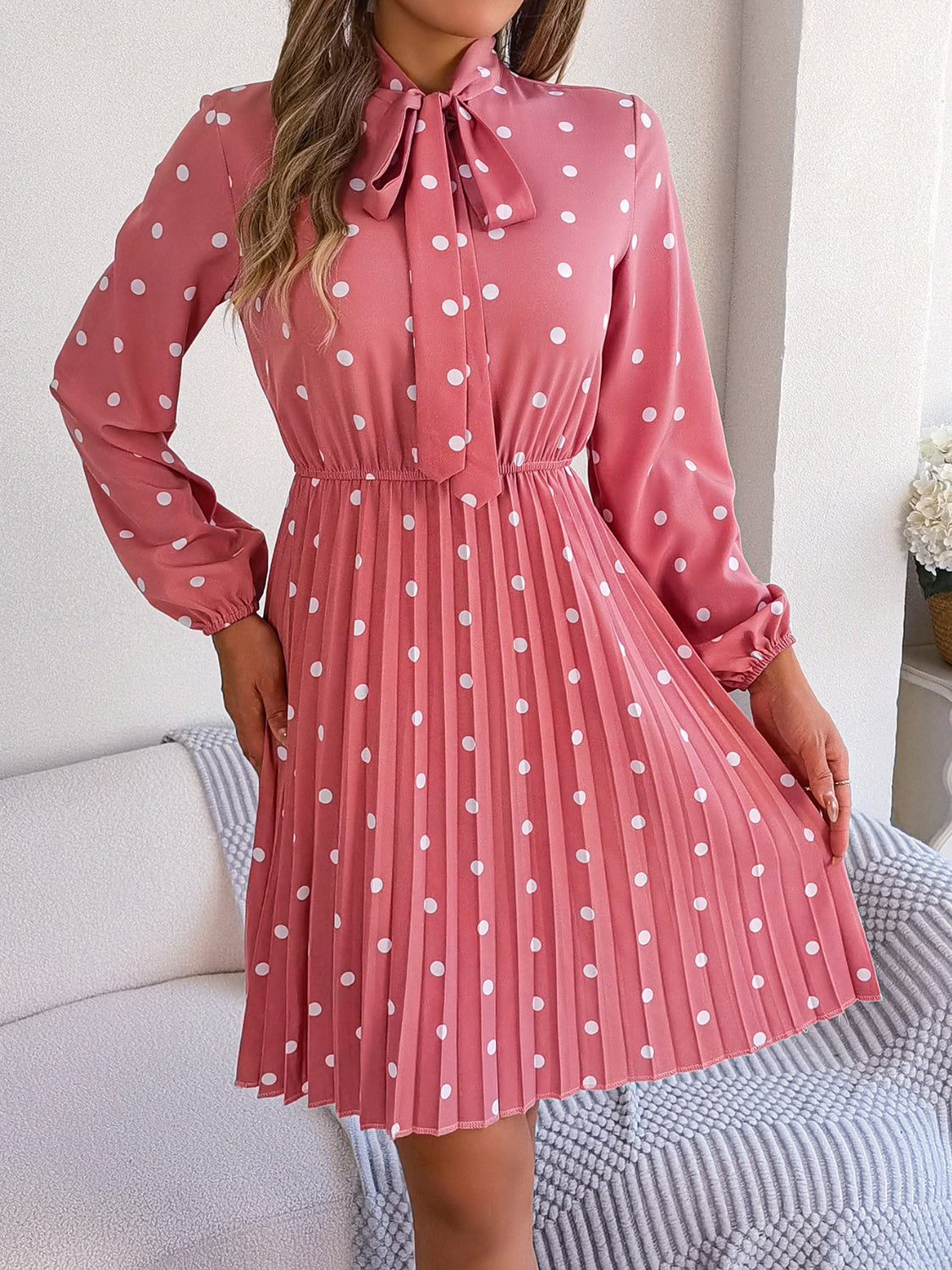 Polka Dot Tie Neck Pleated Dress Trendsi