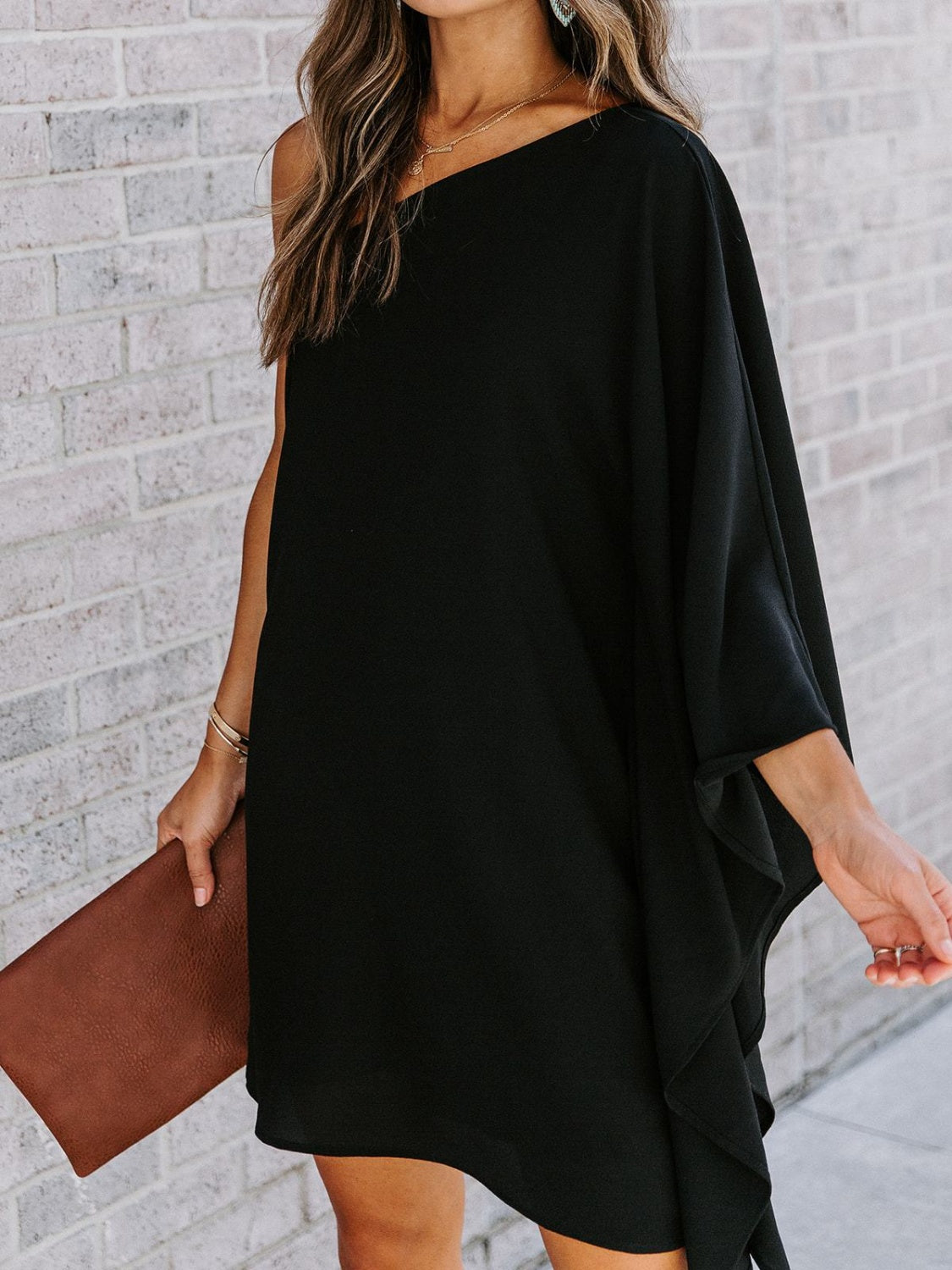 Single Shoulder Kimono Sleeve Mini Dress Trendsi