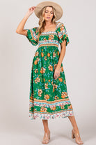 SAGE + FIG Printed Smocked Short Sleeve Midi Dress Trendsi