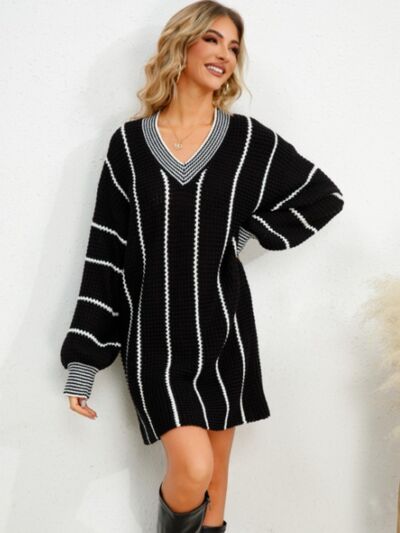 Striped V-Neck Long Sleeve Mini Dress Trendsi