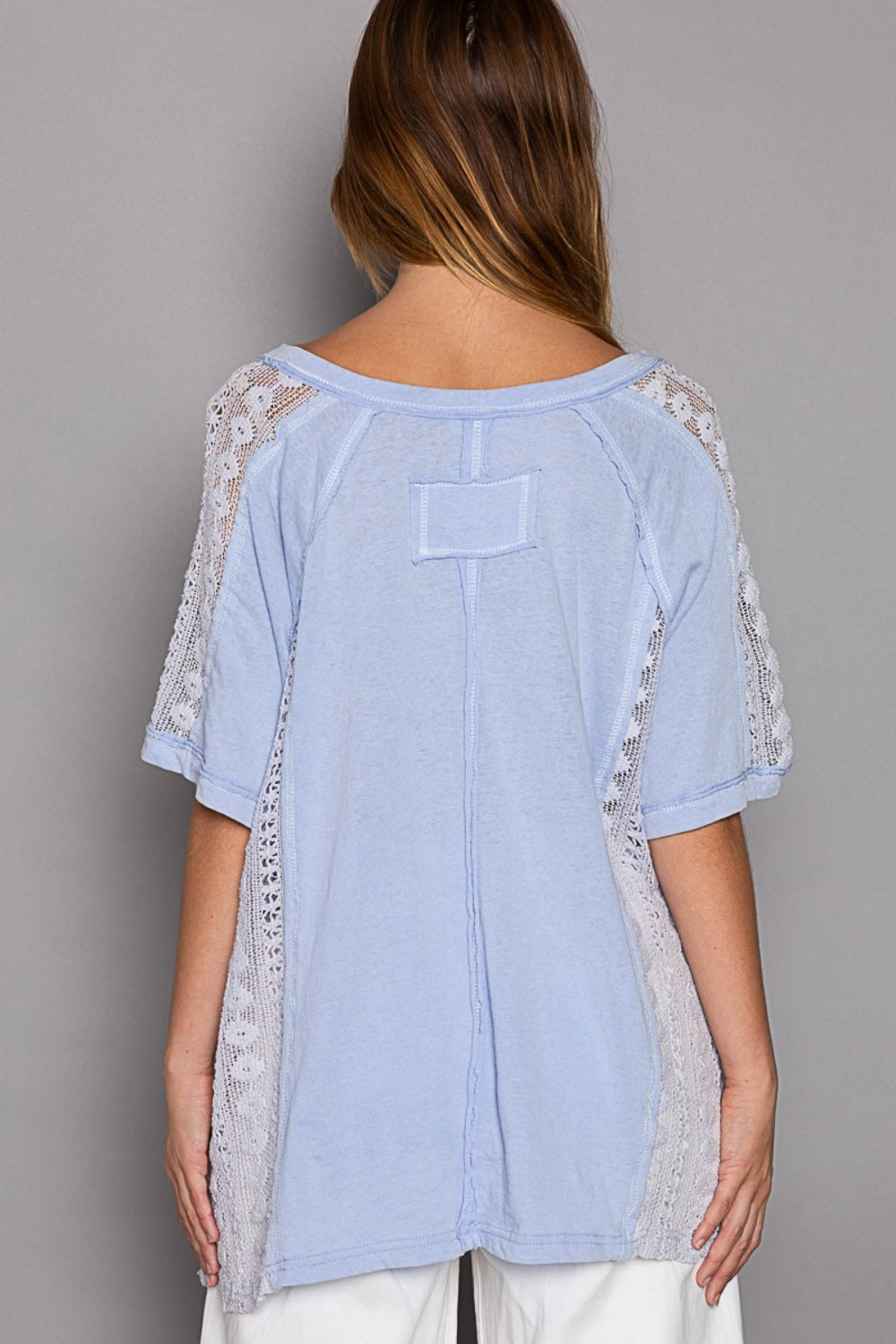 POL Short Sleeve Lace Crochet Panel Top Trendsi