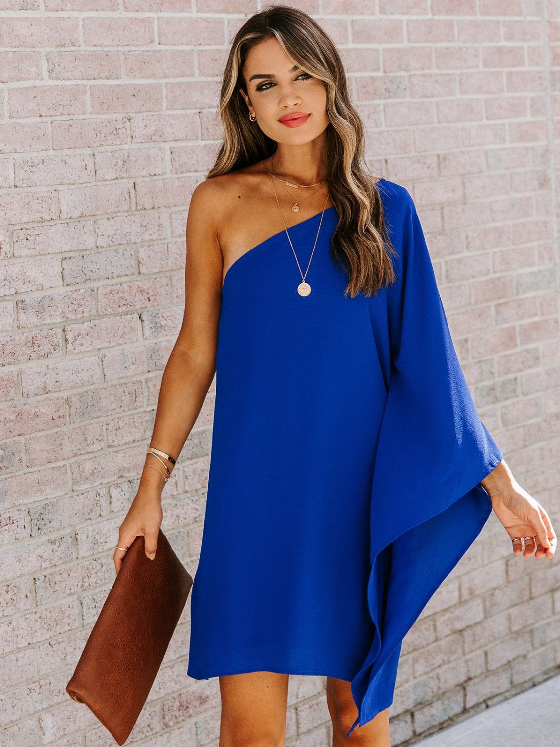 Single Shoulder Kimono Sleeve Mini Dress Trendsi