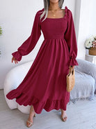 Smocked Square Neck Flounce Sleeve Dress Trendsi