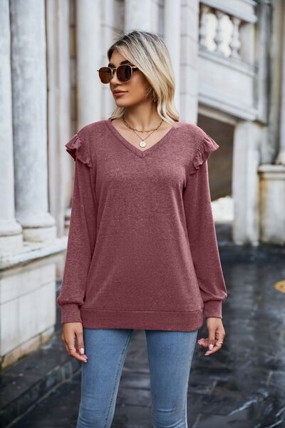 Ruffled Heathered V-Neck Long Sleeve T-Shirt Trendsi