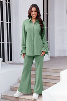 Drawstring Flounce Sleeve Shirt and Pants Set Trendsi