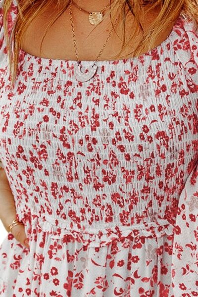 Smocked Floral Square Neck Balloon Sleeve Dress Trendsi