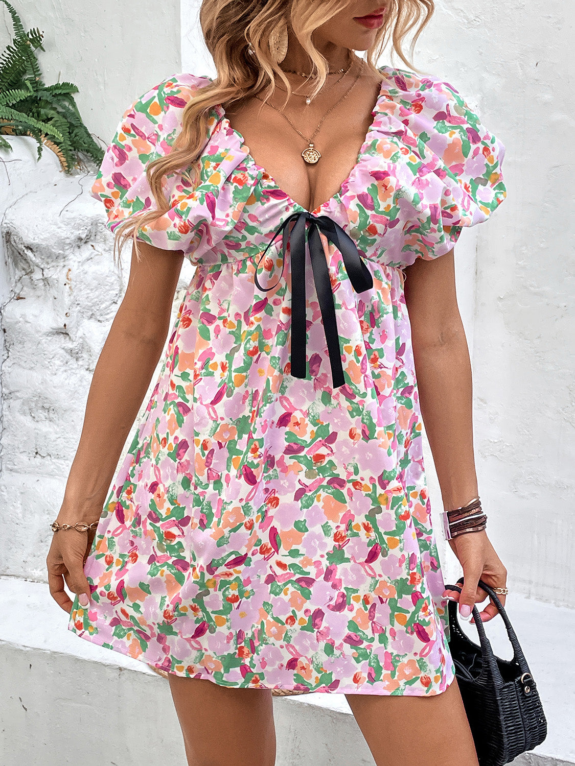 Printed V-Neck Puff Sleeve Mini Dress Trendsi