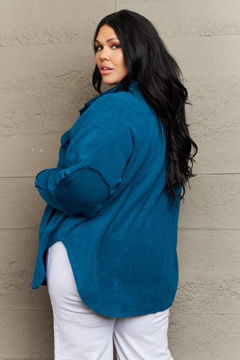 Zenana Cozy in the Cabin Full Size Fleece Elbow Patch Shacket in Teal Trendsi