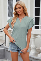 Eyelet Notched Short Sleeve T-Shirt Trendsi