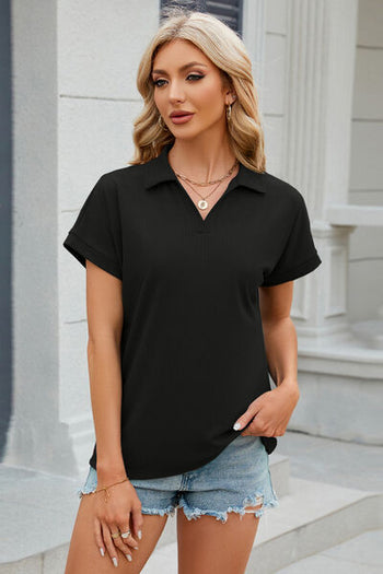 Johnny Collar Short Sleeve Blouse Trendsi