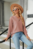 Decorative Button V-Neck Long Sleeve T-Shirt Trendsi