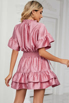 Smocked Tie Neck Flounce Sleeve Dress Trendsi