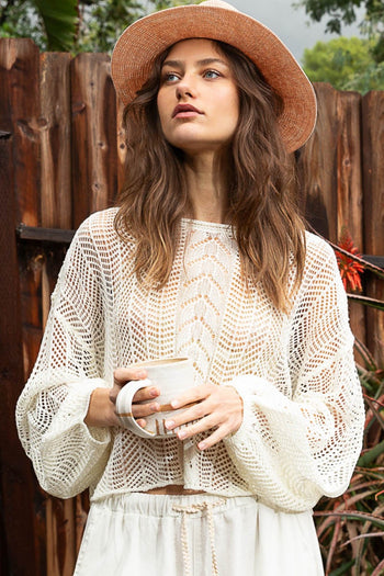 POL Openwork Balloon Sleeve Knit Cover Up Trendsi