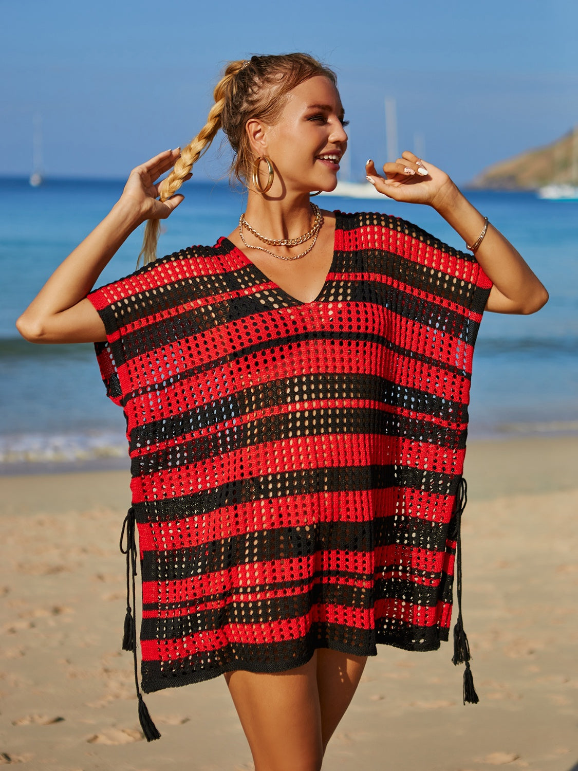 Tassel Openwork Striped V-Neck Cover Up Trendsi