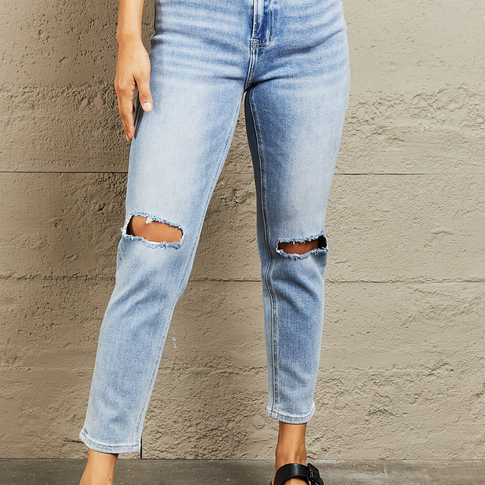 BAYEAS High Waisted Distressed Slim Cropped Jeans Trendsi