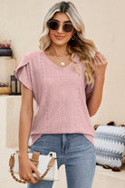 Eyelet V-Neck Petal Sleeve T-Shirt Trendsi