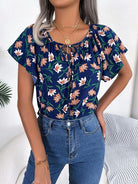 Floral Tie Neck Flutter Sleeve Blouse Trendsi