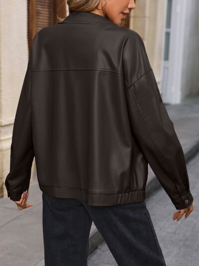 Pocketed Zip Up Collared Neck Jacket Trendsi