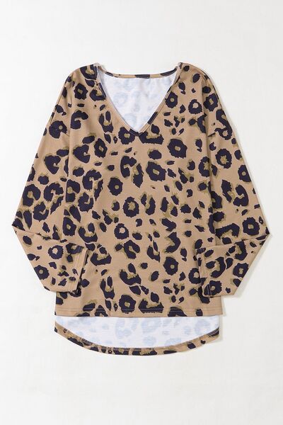 Leopard V-Neck Dropped Shoulder Blouse Trendsi