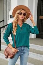 Decorative Button V-Neck Long Sleeve T-Shirt Trendsi