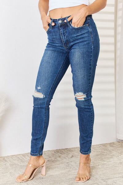 Judy Blue Full Size High Waist Distressed Slim Jeans Trendsi